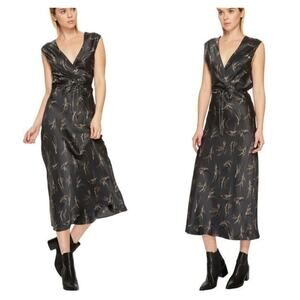 Vince Black Midi Wrap Dress with Gold Leaf Print